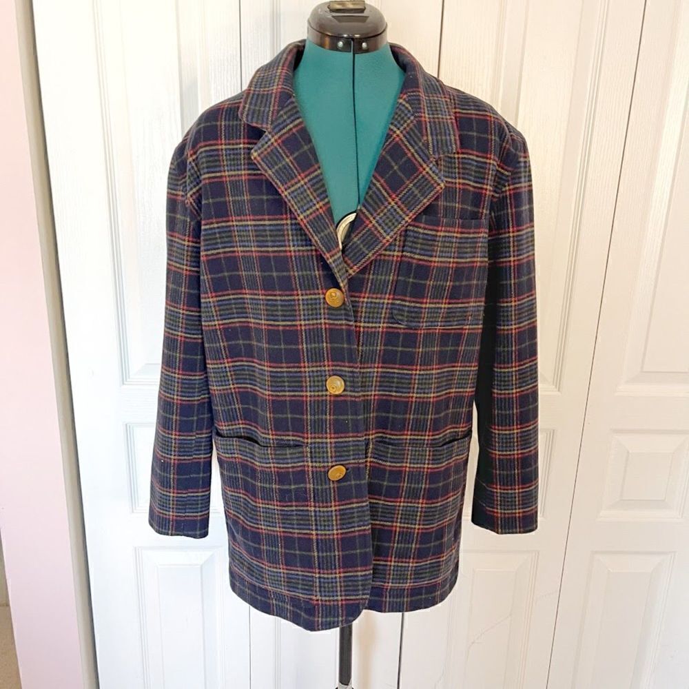 Liz Sport Vintage Plaid Wool Blend Career Faux Button Pocket Lined Blazer Jacket